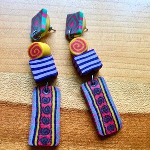 Colorful Polymer Clay Bead Dangling Stud Earrings